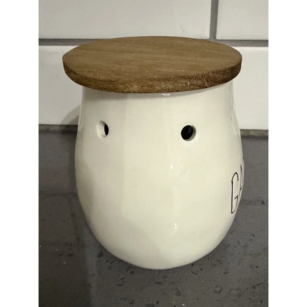 Mud Pie Bistro Garlic Keeper Ceramic Jar with Wood Lid Kitchen Storage